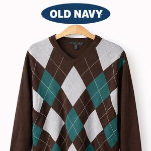 Old Navy XXL Argyle V Neck Sweater Brown Teal Excellent Condition